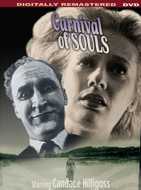 Carnival of Souls DVD cover featuring a distressed woman, a sinister man, and a woman standing by a foggy lake